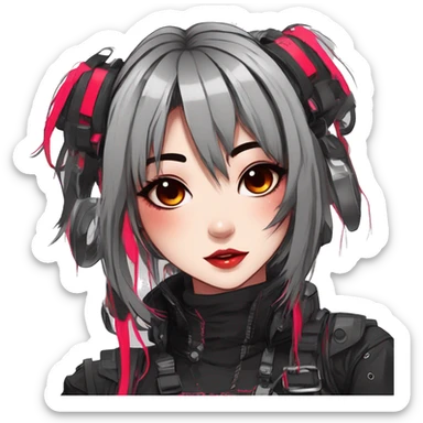 Gorgeous futuristic neon techwear anime style lady with blushing face aesthetic and pretty edgy black red punk messy wild cute hair with collar and harness trending style sticker