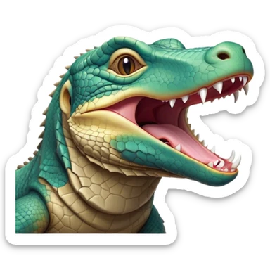 Cinematic Cute Yawning Komodo Dragon Lizard Portrait Emoji, Head slightly angled in a dramatic, wide-open yawn, showcasing rugged, textured scales and sleepy, half-closed eyes, Simplified yet irresistibly adorable features, highly detailed, glowing with a soft, cozy glow, high shine, relaxed yet expressive, stylized with a hint of whimsical wildness, soft glowing outline, capturing the essence of a drowsy yet endearing reptile that appears ready to stretch out for a nap! sticker