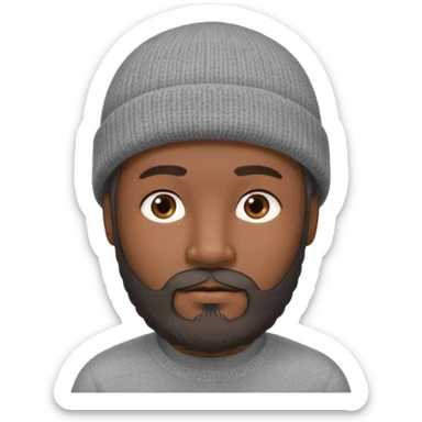 A dark-skinned, oval face shape with soft rounded chin. man with a gray beanie, brown eyes, and a dark gray beard, wearing a calm expression. sticker