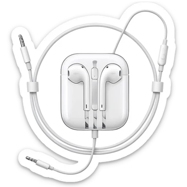 Just white wired Apple EarPods coiled in a circle, no case whatsoever, only the earbuds with the cord wrapped into a neat circle, minimalist iOS style, showing the earbuds and wire only sticker