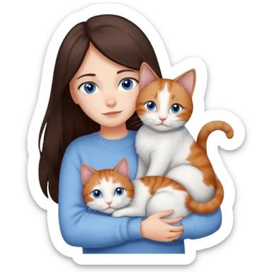 a girl with long dark 
brown hair, with blue eyes, in a
white sweater, hugs 3 different natural coloured cats sticker