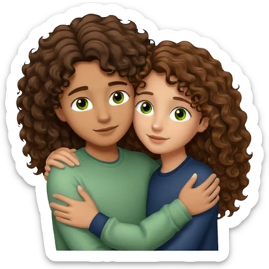 light brown skinned girl with long and dark brown wavy hair and brown eyes hugging and being loving with white boy with light brown and very curly short hair and green eyes  sticker