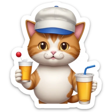 cat with a backwards cap, holding a ping pong ball and cup, beer pong college party sticker