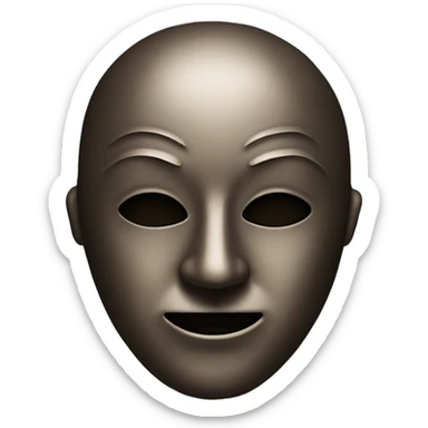 Bronze mask with a face and full black eyes, and a barely noticeable smile sticker