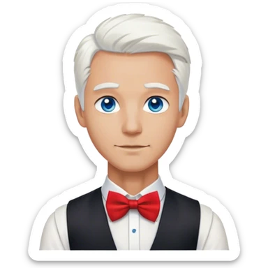 Handsome bartender with white hair and blue eyes. White shirt with black vest and a red bowtie sticker