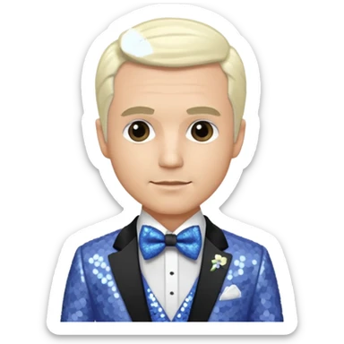 Freddie Prinze Jr with platinum blonde hair, periwinkle sequin suit with bow tie sticker