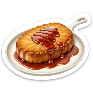 Tonkatsu Cinematic Realistic Tonkatsu Dish Emoji, depicted as a golden, crispy pork cutlet drizzled with tangy BBQ sauce, rendered with detailed textures and dynamic, appetizing lighting. sticker
