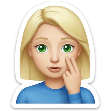 a emoji with two fingers in his nose, make him have a natural white skincolour and blonde hair, blue/green eyes, put the fingers in his nose sticker