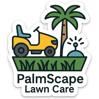 Add the company name text 'PalmScape Lawn Care' in a clean, professional font below the logo. sticker