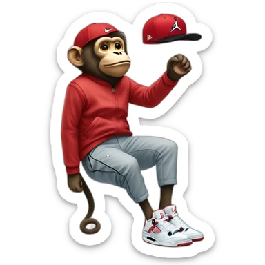 Monkey wearing Jordan 4 on its  feet  with a bunch of Nike clothes  with a Nike hat sticker
