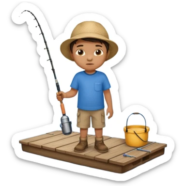 Little boy on the dock fishing, felt texture, scrapbooking sticker