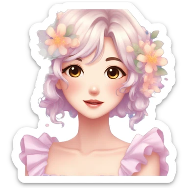Gorgeous anime style lady blushing face dreamy idol model colorful shiny flowers kawaii pastelcore cottagecore pearly petite simplistic aesthetic trending style sticker
