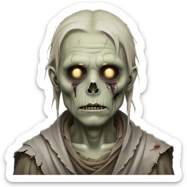 Cinematic Noble Zombie Portrait Emoji, Surprisingly dignified and somber, with a decaying yet strangely regal visage in ashen grays and muted tones, draped in tattered attire hinting at a lost grandeur, simplified yet meticulously detailed, glowing with a soft, eerie radiance and a gentle outline that evokes the tragic nobility of the undead! sticker