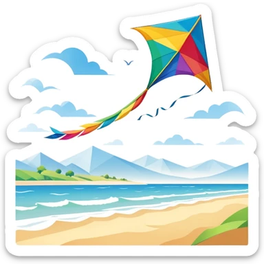 A colorful kite soaring high in the sky on a sunny day, with a long, flowing tail trailing behind. The background features an open field or beach, capturing the joy and freedom of flying kites, with gentle winds and a peaceful atmosphere. sticker