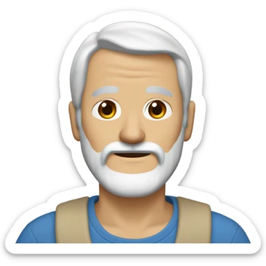A middle-aged man with a white beard and brown mustache wearing brown sneakers, khakis and a blue shirt with a beige sweater overtop. He has longer brown and white hair that is held back onto his head with a hairband. sticker