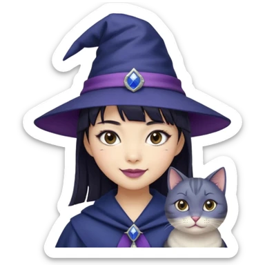 an asian short haired girl with short raven hair with bangs, with her silver left eye and dark brown right eye, with cat-eyed eyeliner, and grinning with her tiny fang of mauve toned lipstick, with dark navy wizard hat with an emblem on her hat. sticker