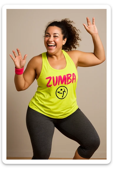 woman in zumba class, joyful expression, dance movement, neutral background sticker