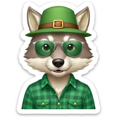 head and shoulders friendly anthropomorphised wolf in green plaid shirt and green attire for St. Patrick's Day, wearing dark sunglasses, festive pose sticker