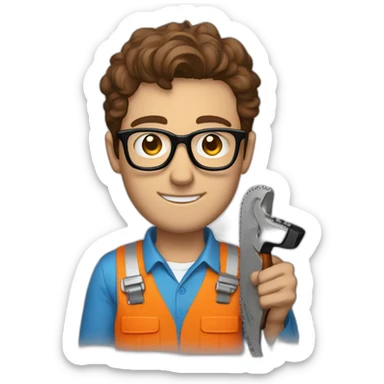a guy with brown hair, square glasses, an orange repairman's suit, blue eyes, with a chainsaw sticker