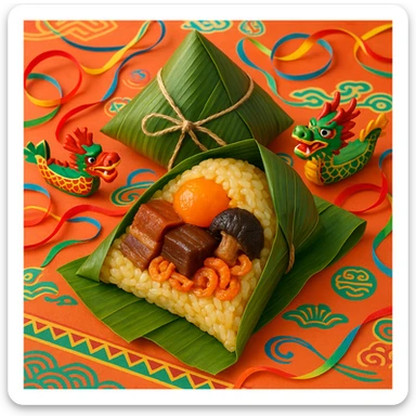 A festive zongzi with sticky rice, salted egg yolk, braised pork belly, mushroom, and dried shrimp filling, wrapped in green bamboo leaves, with Dragon Boat Festival decorations. sticker