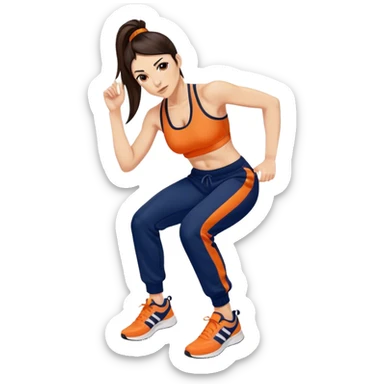 Melanie chisholm with a dark brown high ponytail, wearing an orange sports bra and navy blue track pants with sneakers sticker