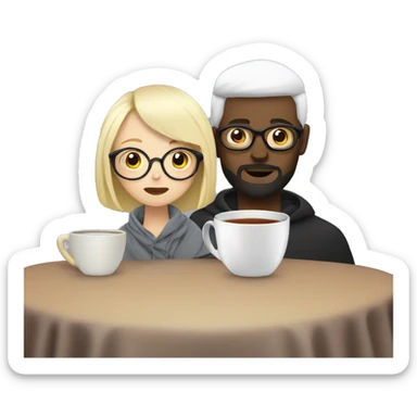 Pale blonde girl wearing glasses and bearded black short hair man drinking tea under blanket sticker