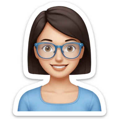 mujer de 30 años, cabello marron oscuro, anteojos cuadrados transparente, top celeste escote cuadrado, piel blanca, cara redonda sticker