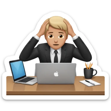 A man in corporate attire sitting at a desk, having fatigue hands on head while working on a laptop sticker