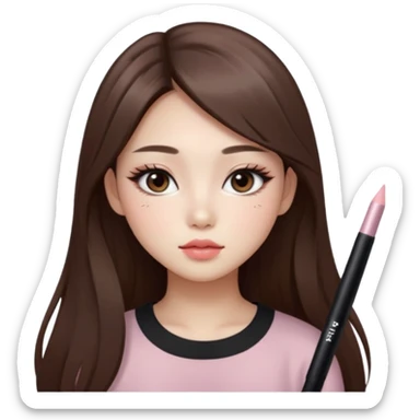 “korean straight long brown hair Emoji girl, soft eyeliner and blush, gradient lips, light brown shimmer eyeshadow sticker