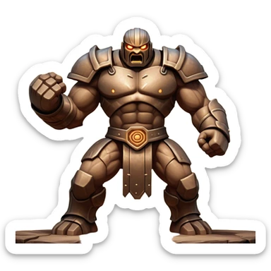 Cinematic Fierce Mighty Iron Golem Portrait Emoji Depicted mid-action in a dynamic, battle-ready stance, massive fists clenched, the ancient metallic plates along its form shifting with raw power. Its eyes blaze like molten fire within a carved, rune-etched face, exuding both divine purpose and mechanical precision. Weathered steel and dark bronze tones are accented by glowing, arcane inscriptions, each detail meticulously crafted with lifelike metallic reflections. High shine, imposing yet regal, styled with an air of indestructible might, soft glowing outline, capturing the essence of an unstoppable colossus that looks ready to charge forth with a thunderous step! sticker