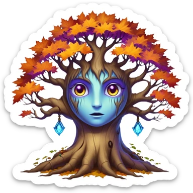 An ancient, psychic tree evolves by absorbing the essence of fallen autumn spirits, sprouting a radiant, maple-crowned face that channels both forest wisdom and fiery seasonal magic through its gnarled. Purple eyes, blue eyes sharp teeth, bark skin heterochromia sticker