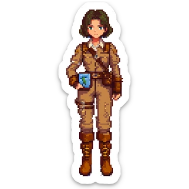 Lemeza Kosugi from La-Mulana, pixel art style, holding a map, tan explorer outfit, brown boots, determined expression, classic adventure game vibe sticker