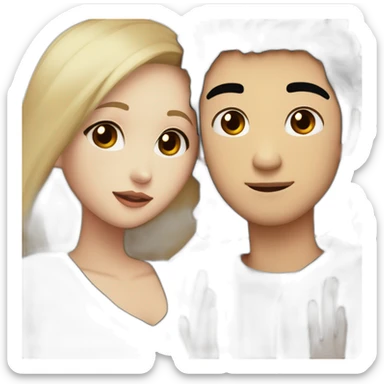 Blonde girl with brown eyes in black sweater and asian man with black hair and white skin hugging sticker