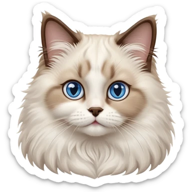 cinematic-adorable-big-eyed-fluffy-ragdoll-cat-portrait-emoji,-head-tilted-playfully-with-a-sweet-expression,-fluffy-white and brown-fur,-simplified-yet-irresistibly-cute-features-with-large,-expression, blue eyed ragdoll cat sticker