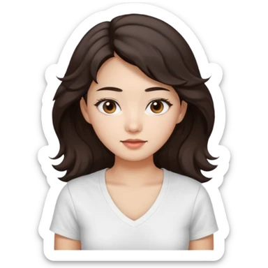 iOS style emoji. A girl with very long dark brown wavy hair. And the eyes color is dark brown. And she is wearing white t shirt with V kneck. And she is 30. She is Asian with double eyelids  sticker