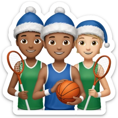 crie a imagem de 3 atletas de modalidades diferentes, usando elementos esportivos, como por exemplo bola, raquete, luca... e usando um chápeu de papai noel das cores verde e azul. sticker