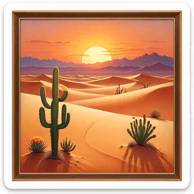Cinematic Realistic Desert Emoji, Expansive and arid, with vast stretches of golden sand dunes and scattered cacti, the sun casting a warm, almost orange glow over the dry, cracked earth. The horizon blurs into a heat shimmer, while the occasional desert flower adds a splash of color to the barren landscape. Soft glowing outline, capturing the essence of the harsh yet stunning beauty of the desert, calm and quiet, filled with silence and mystery. sticker