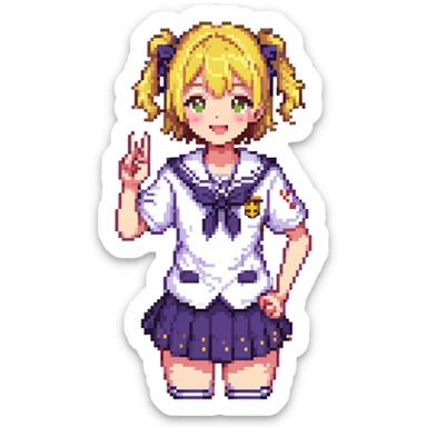 Pixel art anime girl with short bright yellow hair wearing Japanese sailor style school uniform, making victory peace signs with both hands, winking happily with excited expression sticker