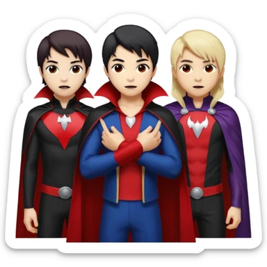 Solo poly platonic relationship, one is south African girl, one is Asian boy, one is biracial features Asian tomboy girl with anime short hair with long hair, vampire and marvel cosplay elements inspired. Could we can less human skin seems so it does not seem racist or something, use marvel colours  sticker