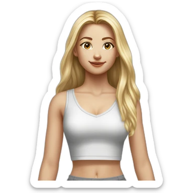 hyperrealist caucasian girl, long straight blonde hair, white v-neck laced crop tanktop, grey tight micro skirt sticker