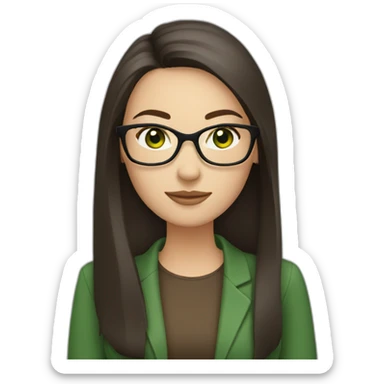 White woman with long dark brown straight hair and green eyes using glasses writing sticker