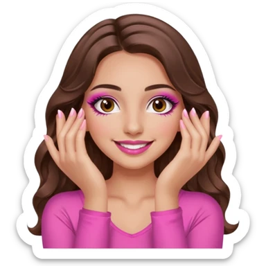 girl with long wavy brown hair, brown eyes, long lashes makeup, sexy pink lips, light to medium complexion, wearing a pink sexy top, smiling, hands covering over the eyes sticker