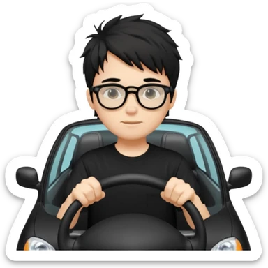 generate a pretty bratz fair skinned boy with black messy hair wearing a black tshirt driving. Glasses on.  sticker