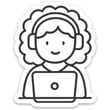 hand drawn outline icon of a curly hair girl with headphones and a laptop sticker