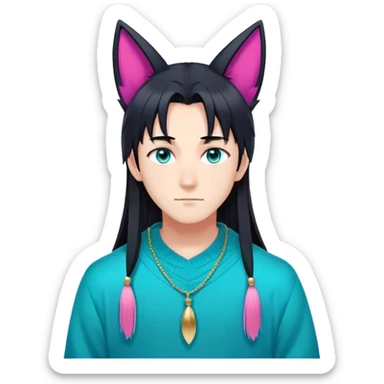 anime man with long-straight-dark-black hair, long black fox ears with pink Scapha, colorful-gradient-brown-turquoise eyes, gold earring, dark-blue-sweater, white pupils, turquoise tassel sticker
