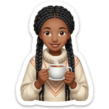 A dark-skinned Black woman with long black box braids, holding a steaming tea cup, wearing a cozy sweater, smiling. sticker
