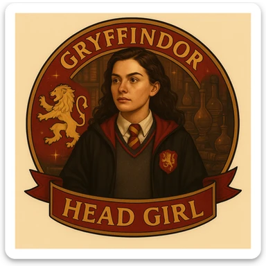Make this Gryffindor head girl badge more realistic, with lifelike facial features, realistic textures on the uniform, and a detailed lion emblem, keeping the magical and academic atmosphere. sticker