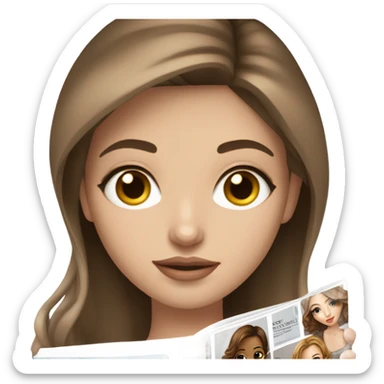 pretty girl with white skin and brown hair reading a fashion magazine with girl on the cover of the magazine sticker