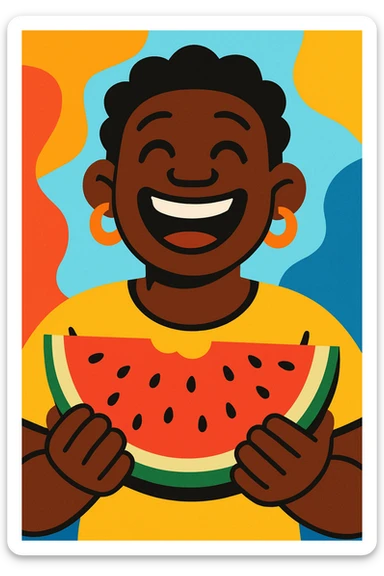 a Black person holding watermelon, laughing, warm and welcoming, colorful and playful sticker