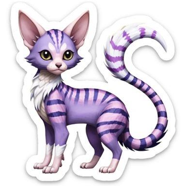 Furry, fluffy tropical flecked painted feathery scaly, Purple, white, black, Minccino-Sphynx-Lykoi-Linoone-Zangoose-fusion-hybrid-animal-Fakémon-creature, full body, thin long sleek scaly tail, intricate markings sticker
